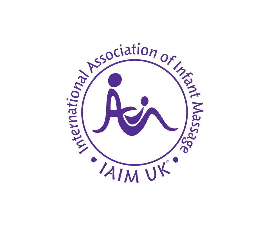 Logo of the International Association of Infant Massage UK, featuring stylized figures of an adult and infant inside a circle, highlighting infant massage, with the organization’s name written around the border.